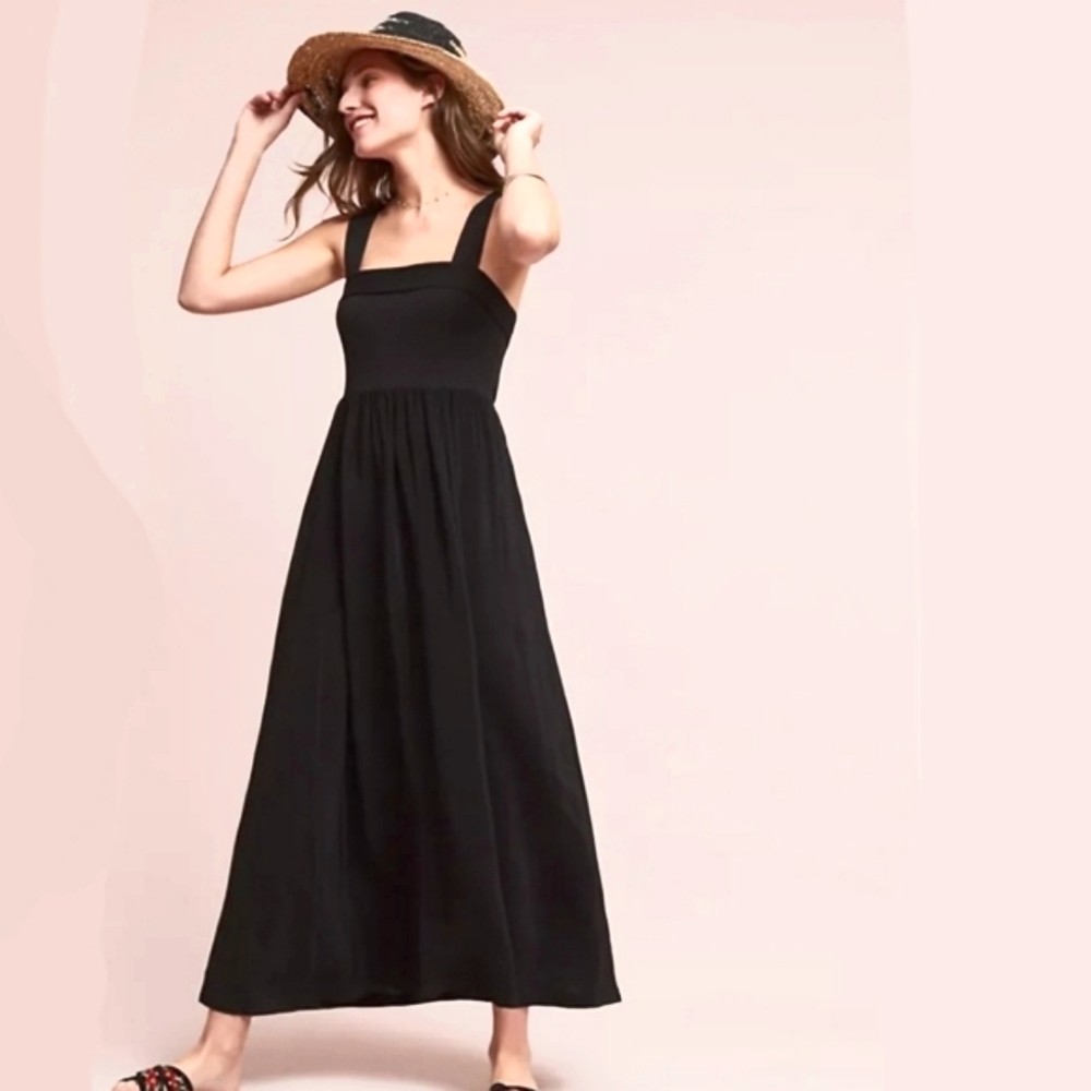 Anthro MAVE Audre Tie-Back Dress Black Long Maxi Open Back L